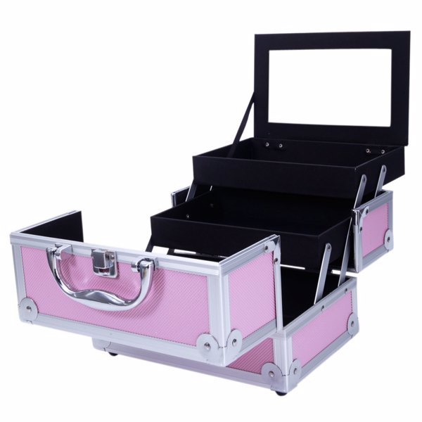 Shopi Vella pink aluminum makeup case with mirror and multiple compartments for cosmetics storage