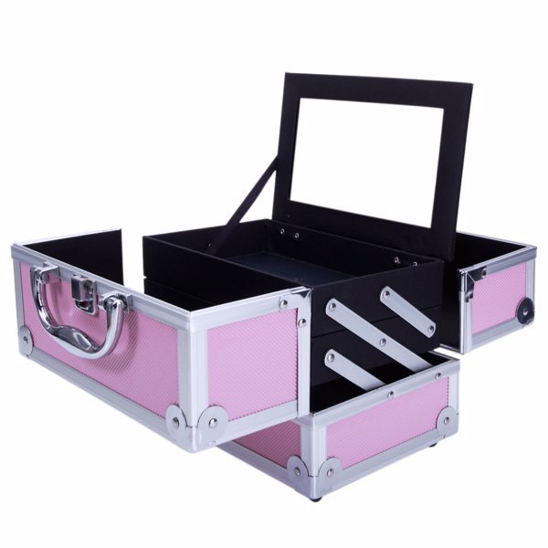 Shopi Vella aluminum makeup case with mirror in pink with multiple compartments for cosmetic storage