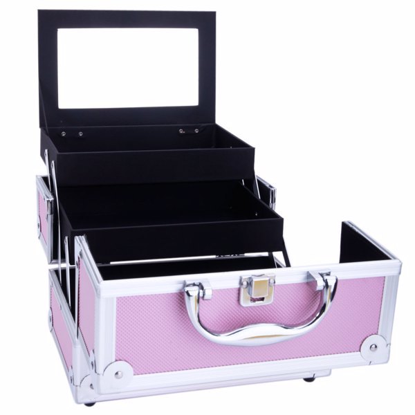 Shopi Vella aluminum makeup case with mirror in pink and silver for organized cosmetic storage
