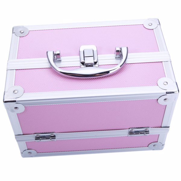 Shopi Vella pink aluminum makeup case with mirror and silver handle for cosmetic storage