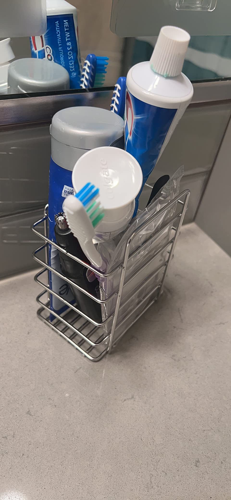 Shopi Vella bathroom shelf organizer no drilling metal holder with toothbrushes toothpaste and personal care items