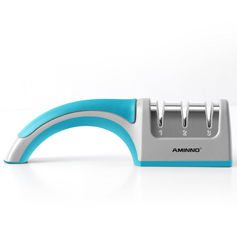 Shopi Vella four-in-one kitchen knife sharpener with ergonomic blue and gray handle and three sharpening slots