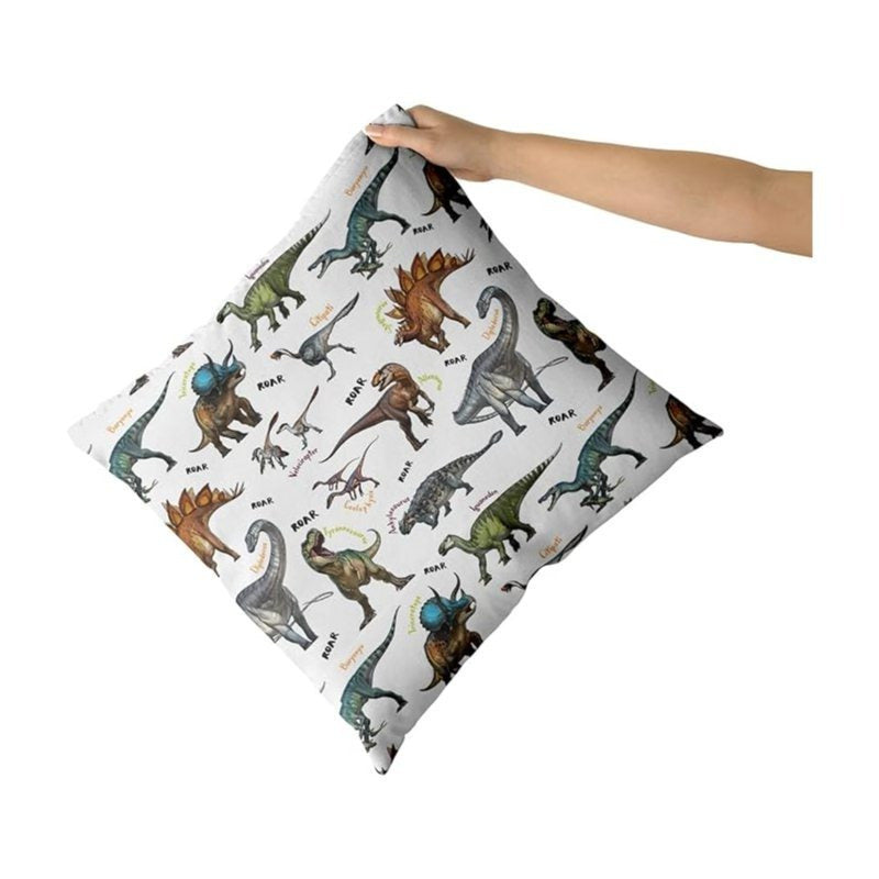 Shopi Vella animal dinosaur pillowcase 18x18 with colorful dinosaur illustrations on white background