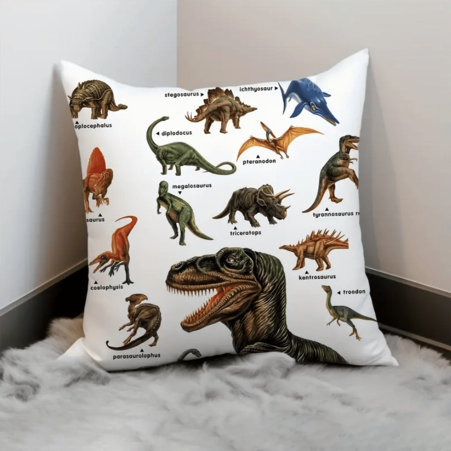Shopi Vella animal dinosaur pillowcase 18x18 featuring colorful dinosaur illustrations on white background