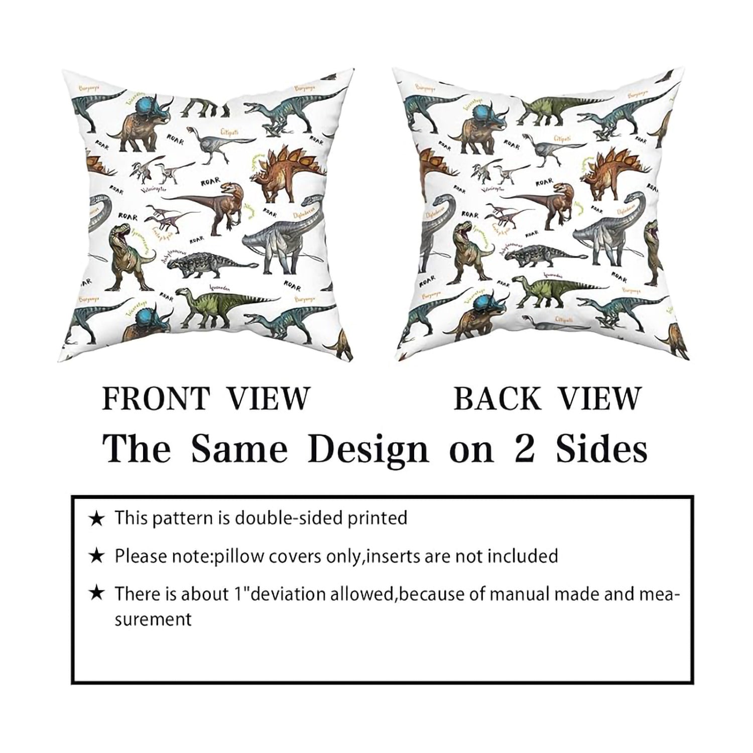 Animal dinosaur pillowcase 18x18 with double-sided dinosaur print on white background