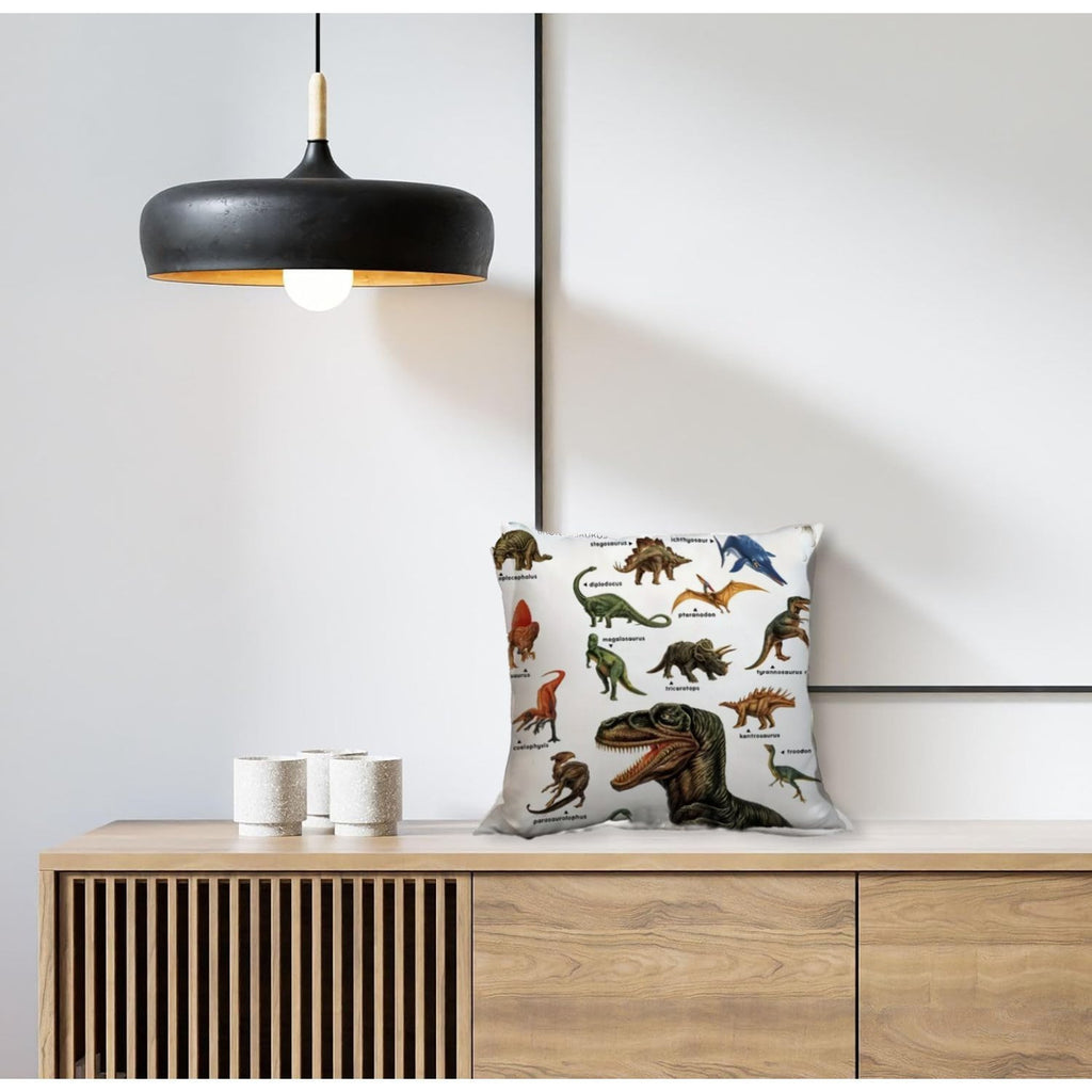 Animal dinosaur pillowcase 18x18 with colorful dinosaur illustrations on a white background