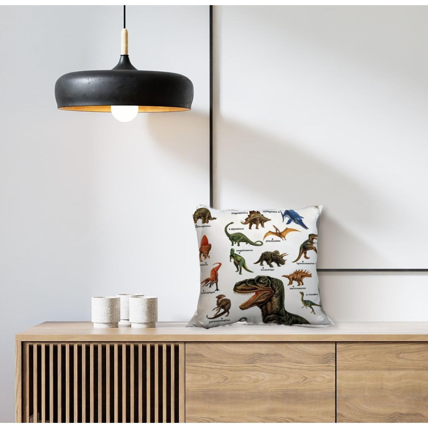 Animal dinosaur pillowcase 18x18 with colorful dinosaur illustrations on a white background