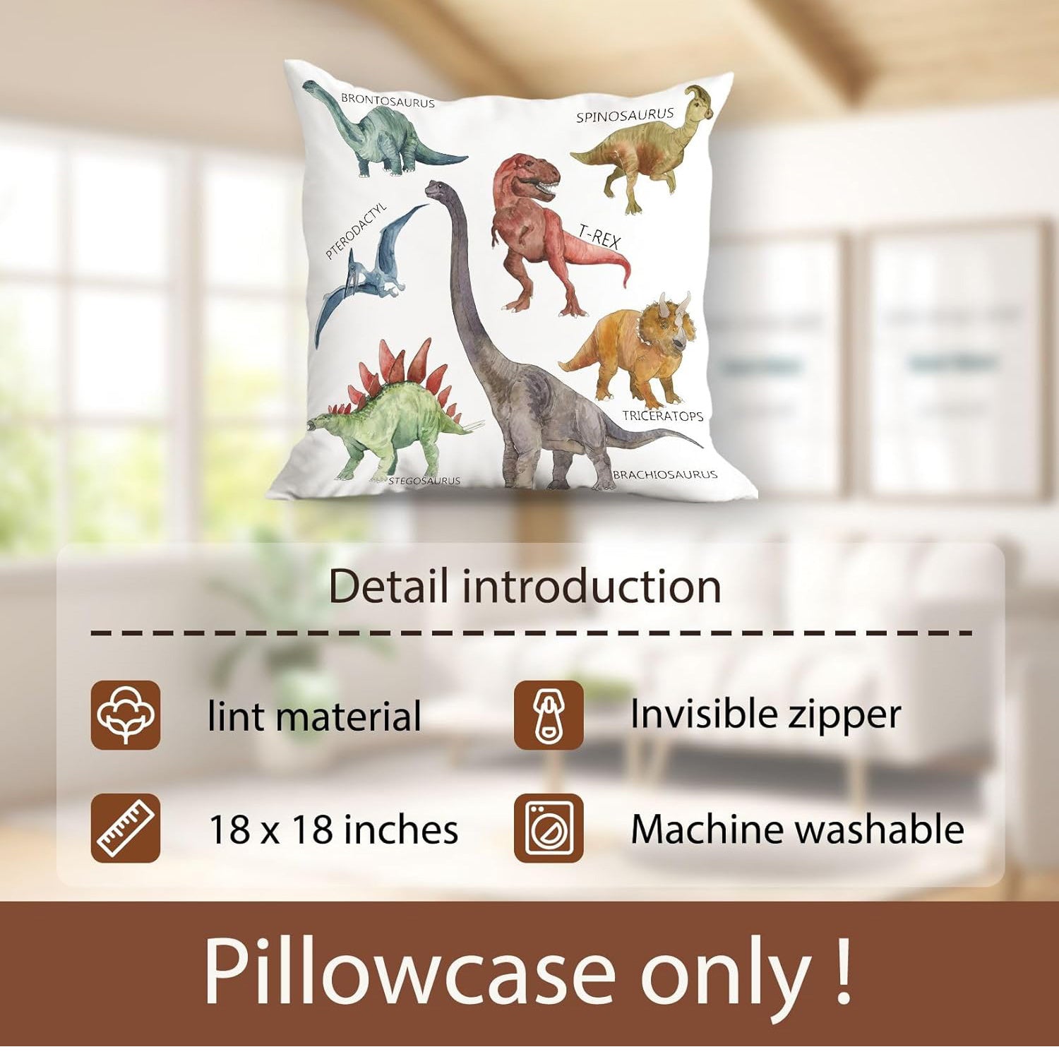 Shopi Vella animal dinosaur pillowcase 18x18 with colorful dinosaur illustrations and invisible zipper