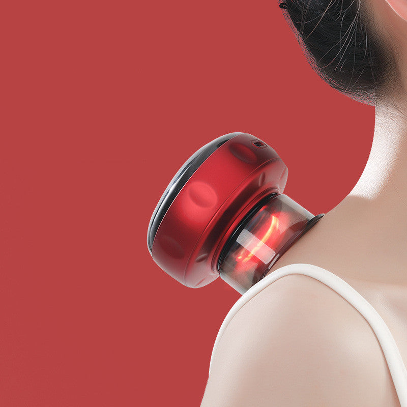 Red anti-cellulite vacuum massager from Shopi Vella used on shoulder for home storage wellness