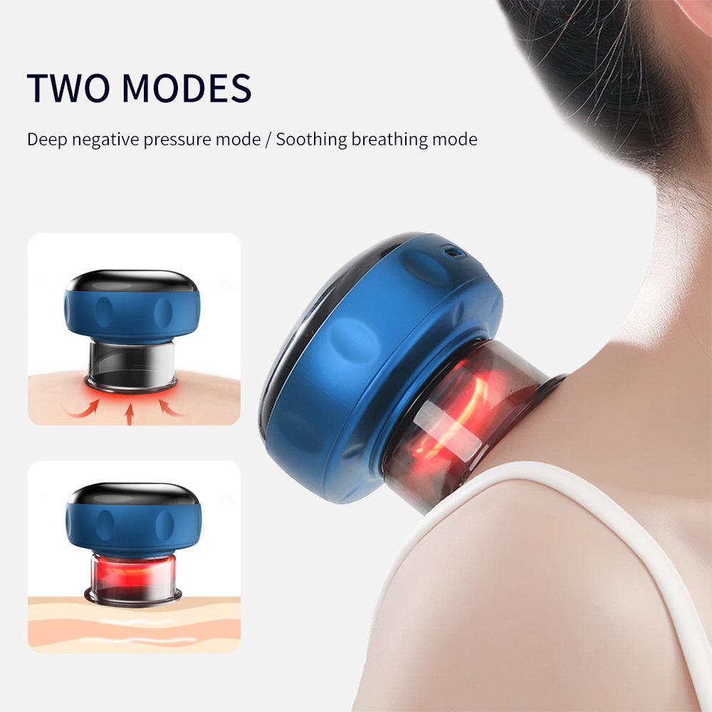 Shopi Vella anti-cellulite vacuum massager in blue being used on shoulder showing two modes for home storage