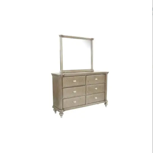 Antique champagne finish bedroom furniture dresser with six drawers and attached mirror