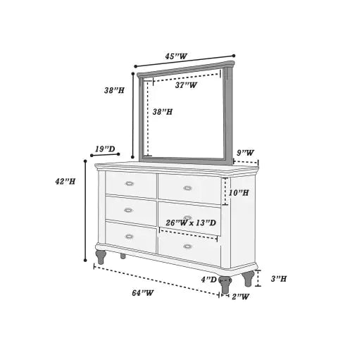 Antique champagne finish bedroom furniture dresser with mirror and multiple drawers detailed with measurements