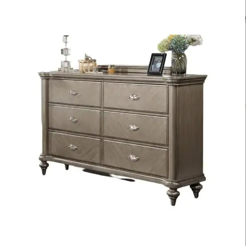 Antique champagne finish bedroom furniture six-drawer dresser with decorative accents and tapered legs