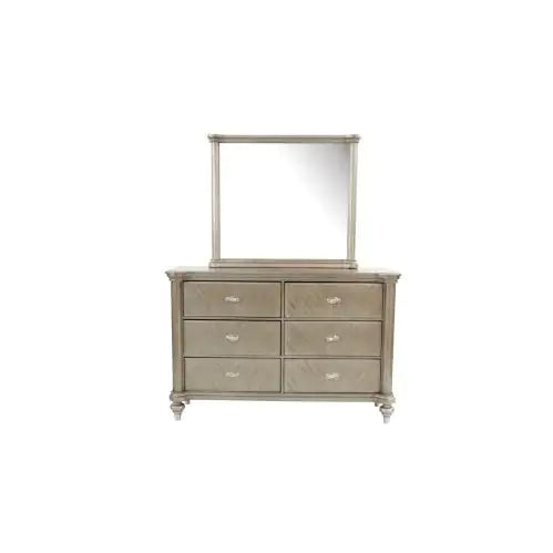 Antique champagne finish bedroom furniture six-drawer dresser with attached rectangular mirror