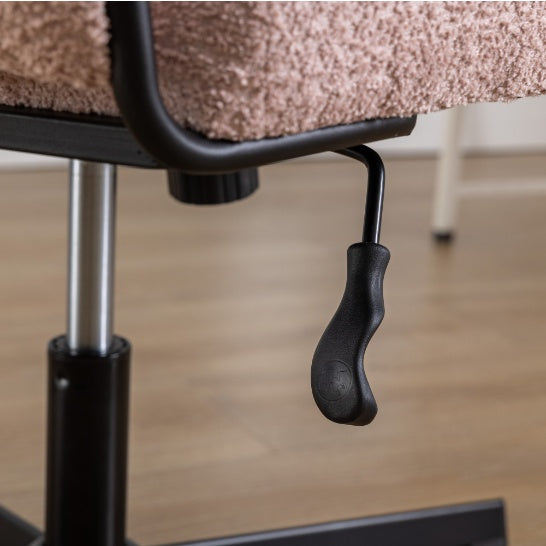 Close-up of adjustment lever on Shopi Vella armless office desk chair with textured fabric upholstery