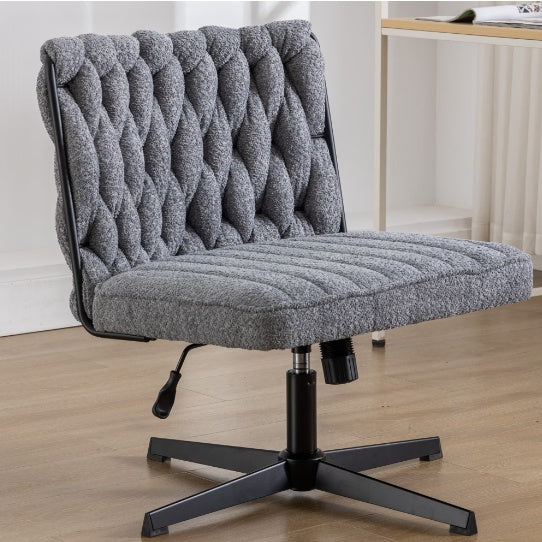 Shopi Vella armless office desk chair with tufted gray fabric and adjustable height on black swivel base