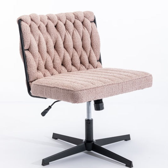 Shopi Vella armless office desk chair with tufted pink fabric upholstery and black metal base