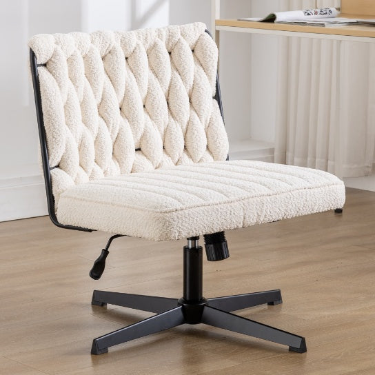 Shopi Vella armless office desk chair with tufted white fabric and black swivel base