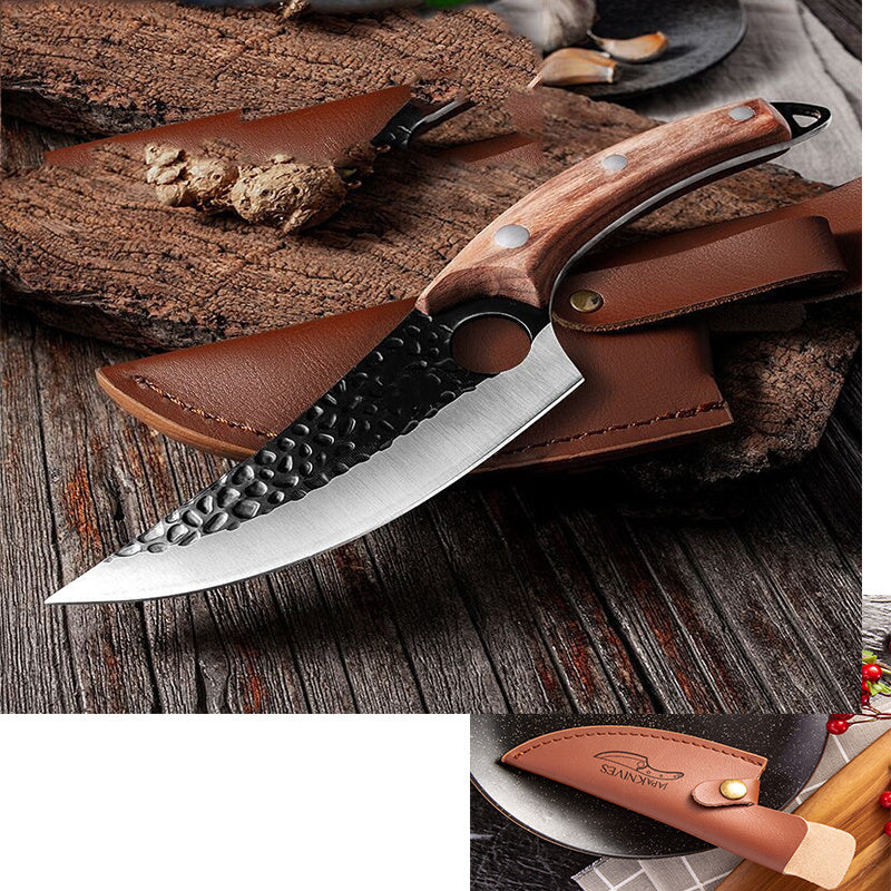 Shopi Vella meat cutting scimitar knife with hammered blade and wooden handle on leather sheath