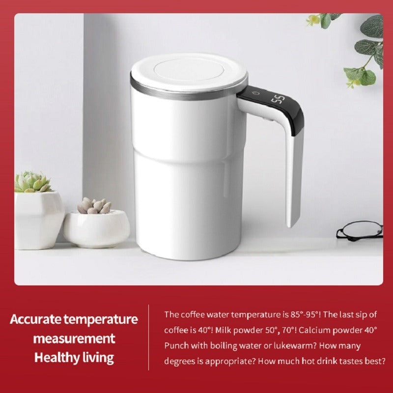 Shopi Vella automatic coffee stirring cup in white with temperature display on handle