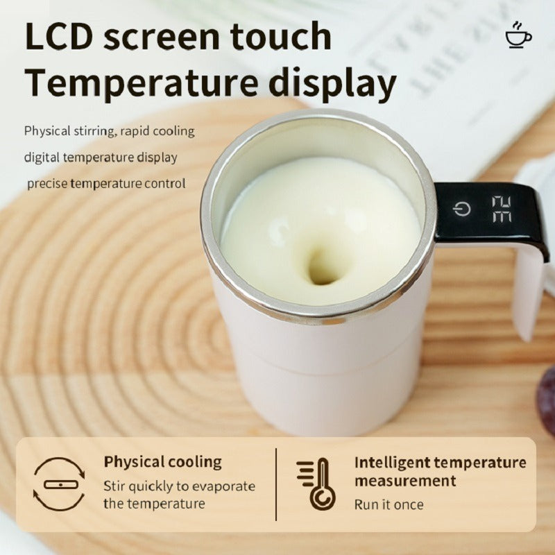 Shopi Vella automatic coffee stirring cup with LCD touch screen and temperature display on wooden surface