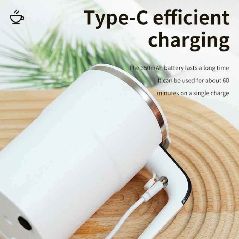 Shopi Vella automatic coffee stirring cup showing Type-C charging port and cable on wooden surface