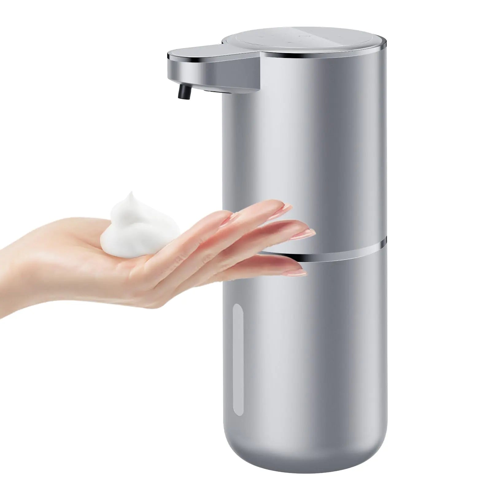 Silver automatic foaming soap dispenser releasing foam onto a hand for easy hygiene
