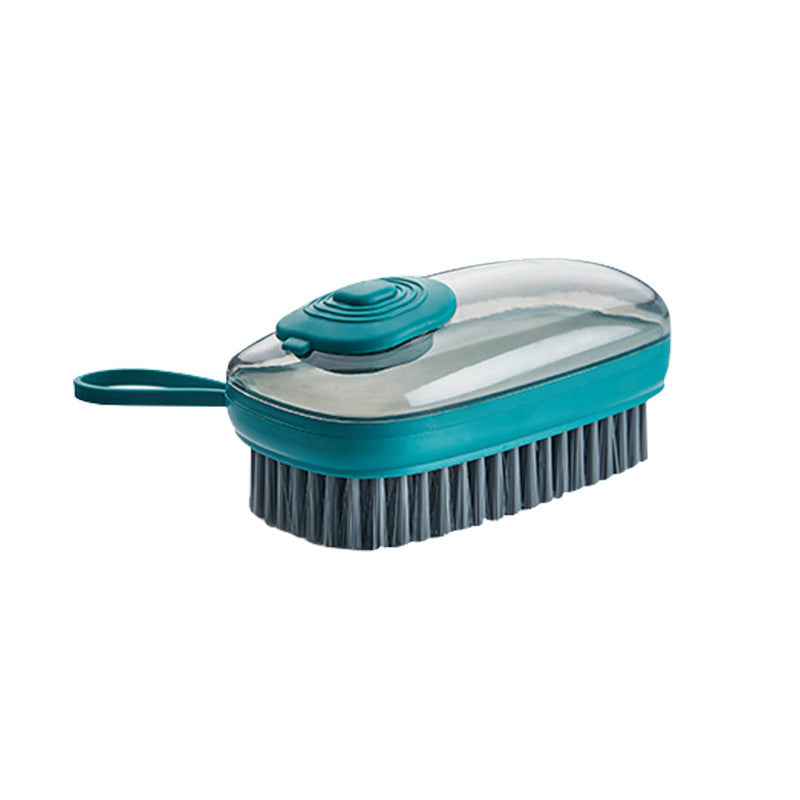 Shopi Vella automatic liquid cleaning brush with teal handle and soft bristles for kitchen storage