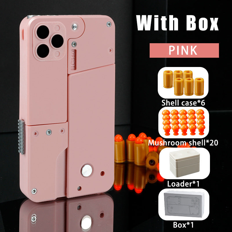 Pink automatic shell throwing toy pistol designed as a phone-shaped home storage device with included shells and box