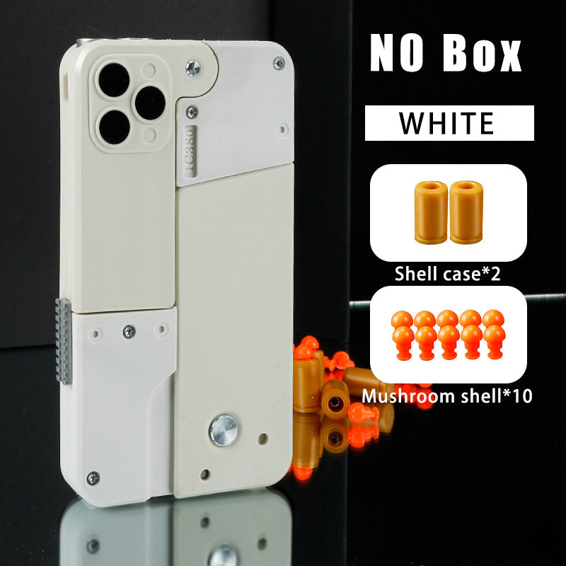 White automatic shell throwing toy pistol designed like a smartphone with included shell cases and mushroom shells