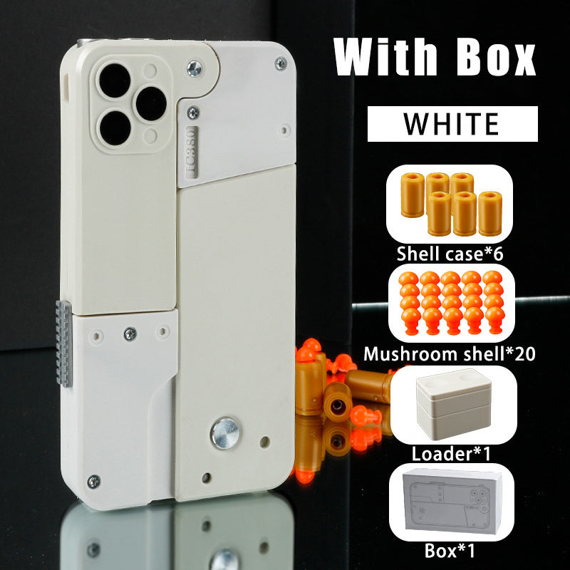 Shopi Vella automatic shell throwing toy pistol in white with shell cases mushroom shells loader and box