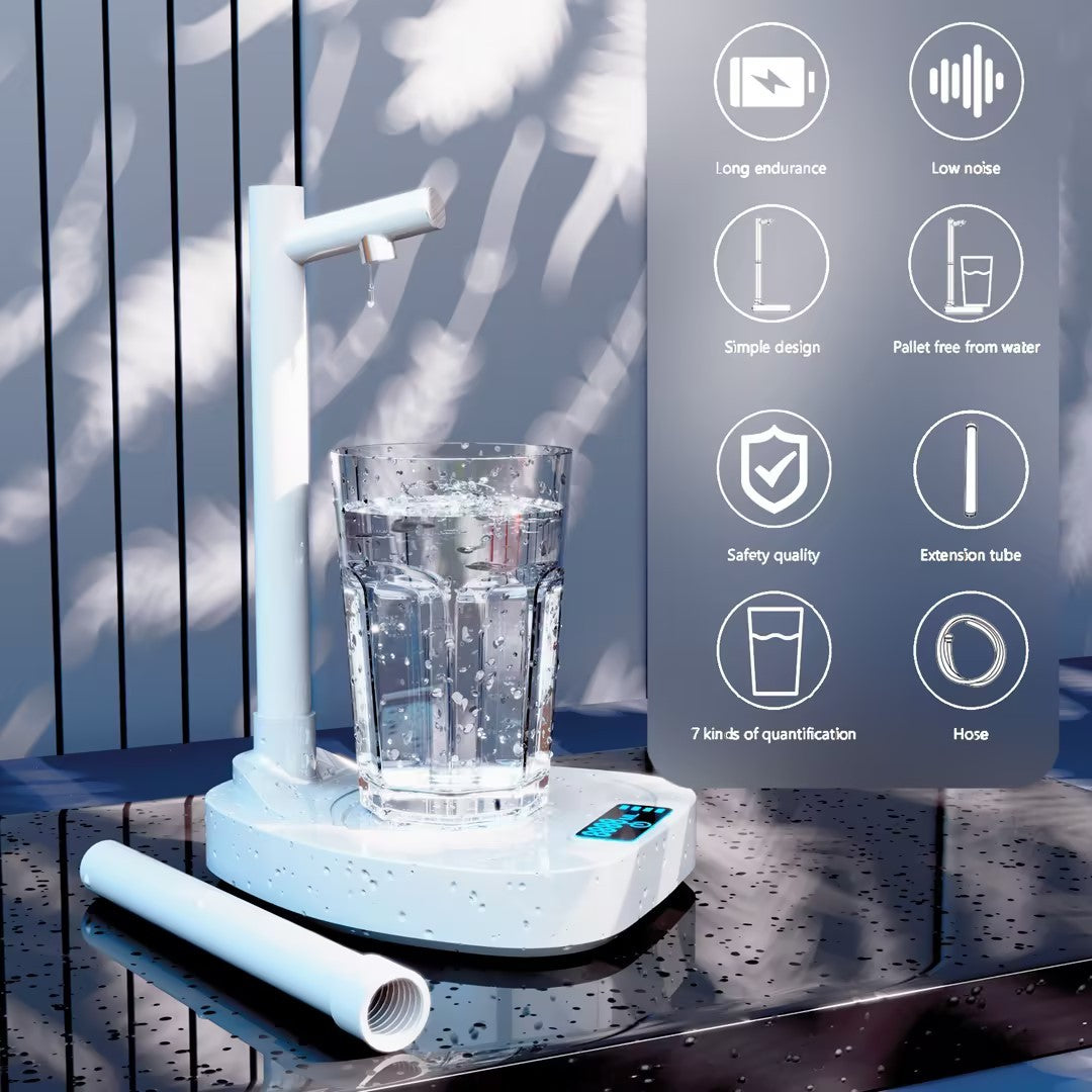 Shopi Vella automatic water bottle dispenser in white with a glass of water on black countertop