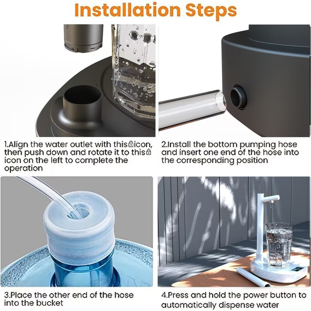 Installation steps for Shopi Vella automatic water bottle dispenser showing hose connection and water dispensing process