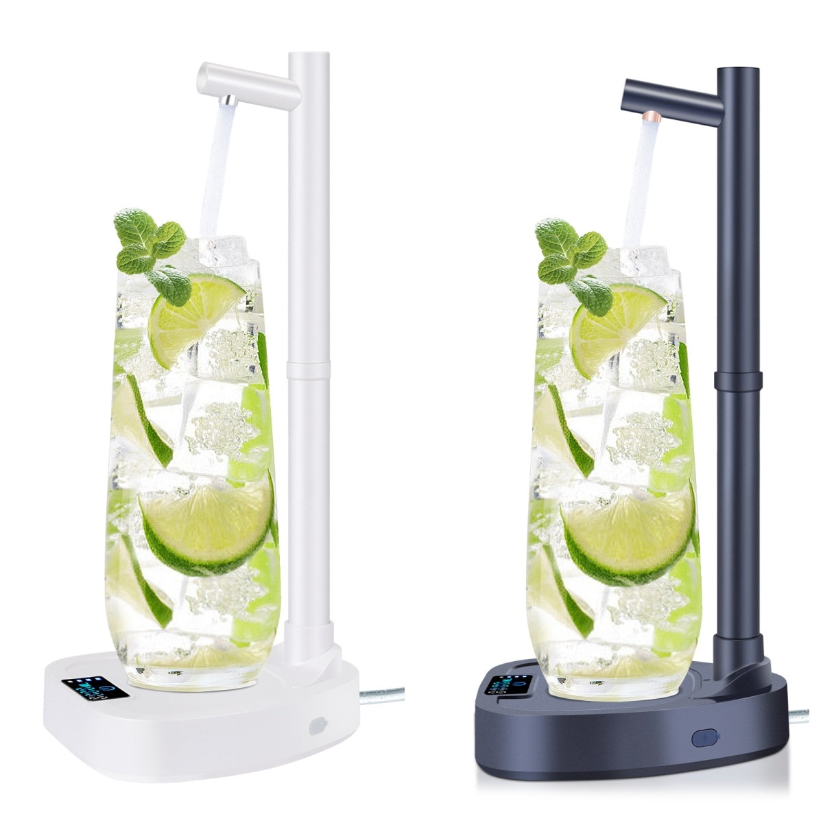 Shopi Vella automatic water bottle dispenser in white and black with water pouring into a glass with lime and mint