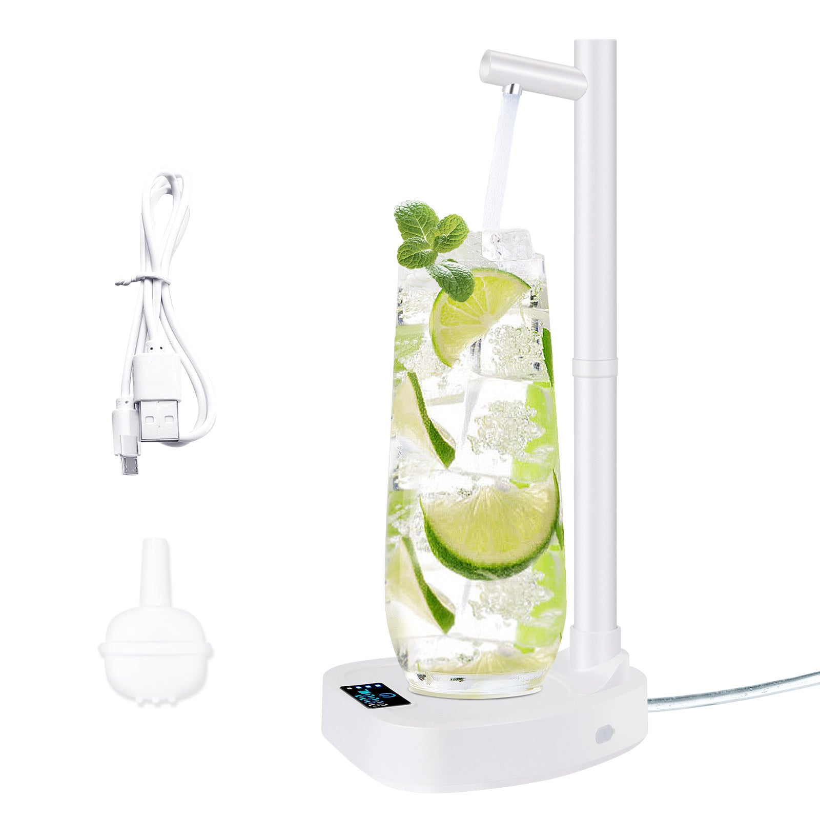 Shopi Vella automatic water bottle dispenser pouring water into a glass with lime and mint