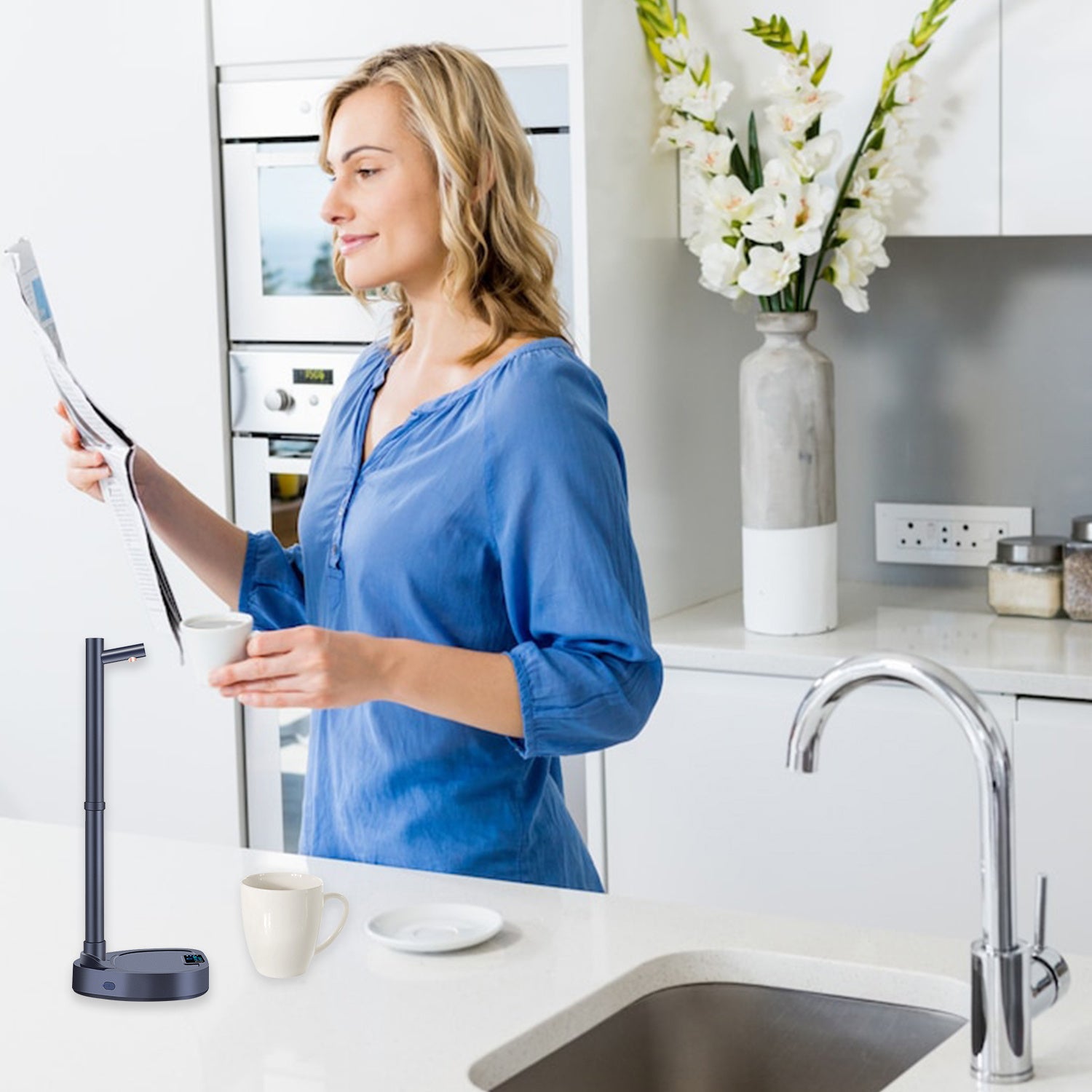 Shopi Vella automatic water bottle dispenser in modern kitchen with woman holding cup and newspaper