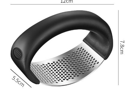 Shopi Vella stainless steel garlic press with ergonomic black handle for easy kitchen storage