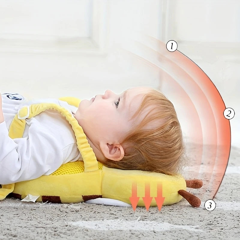 Baby lying on a yellow baby head protection pillow designed to cushion and protect the head