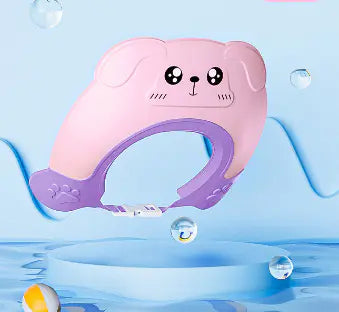Pink baby shampoo cap waterproof with cute dog face design and adjustable purple strap