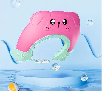 Pink baby shampoo cap waterproof with cute dog design and adjustable strap for comfortable fit