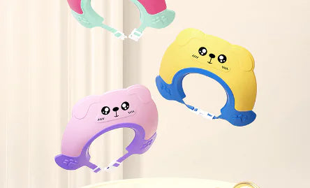 Cute pink and yellow baby shampoo cap waterproof with animal face design for toddler bath time
