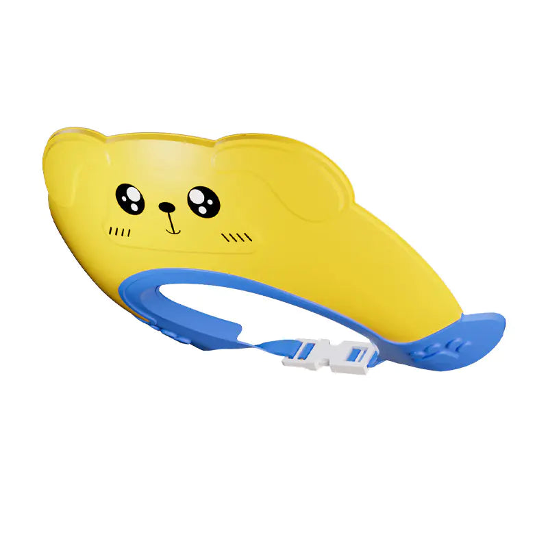 Yellow baby shampoo cap waterproof with cute bear face and adjustable blue strap for toddlers