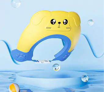 Yellow and blue baby shampoo cap waterproof with cute dog face design for comfortable bath time