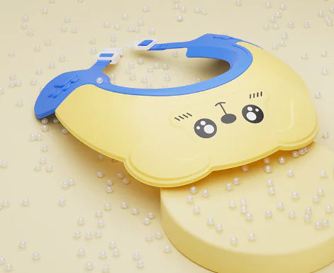 Yellow and blue baby shampoo cap waterproof with cute bear face design and adjustable strap