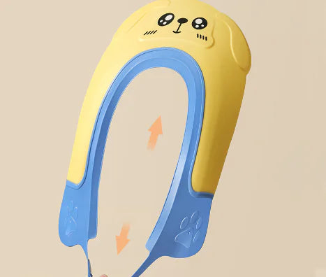 Yellow and blue baby shampoo cap waterproof with cute animal face design for kids bath time