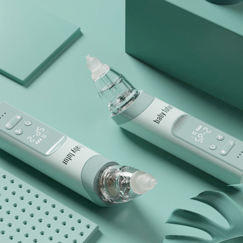 Shopi Vella electric nasal aspirator for babies in white and gray with digital display on teal background