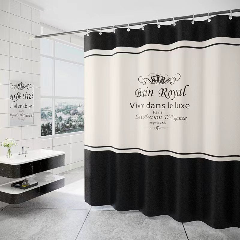 Shopi Vella waterproof shower curtain in black and white with elegant French text design for modern bathrooms