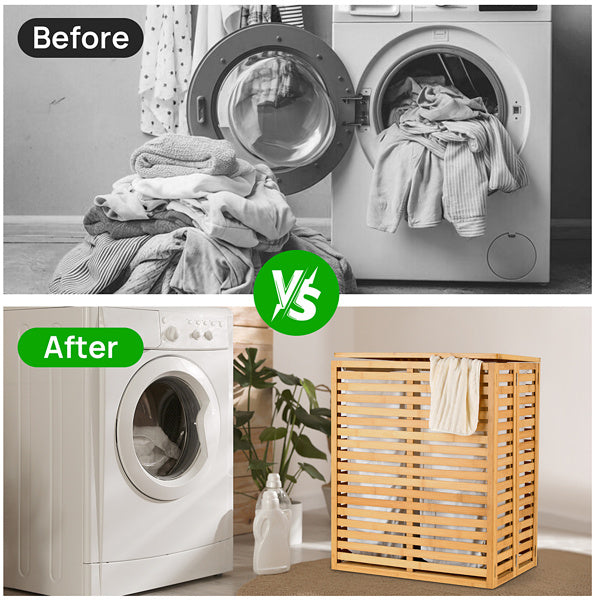 Shopi Vella bamboo laundry basket with lid next to washing machine in clean organized laundry room