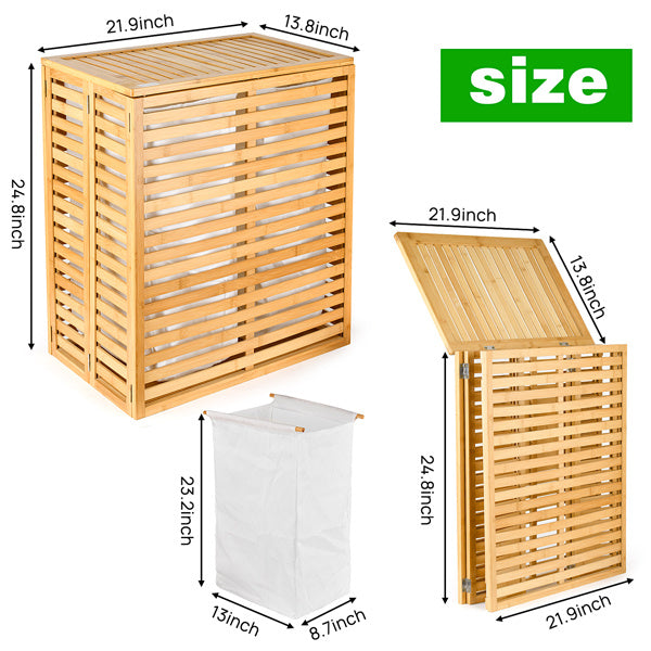 Shopi Vella bamboo laundry basket with lid showing dimensions and removable fabric liner