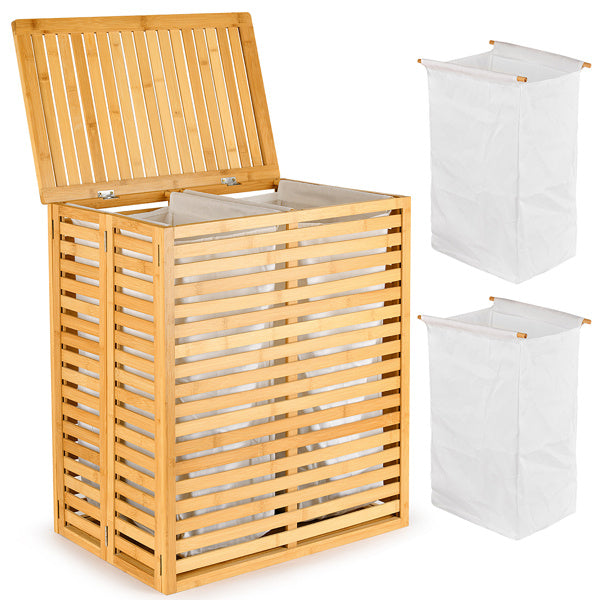 Shopi Vella bamboo laundry basket with lid featuring dual white fabric compartments for sorting clothes
